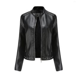 Women's Leather Spring And Autumn Coat Rivet Fashion Stand Neck S-5xl Solid Casual Jacket Pu Black