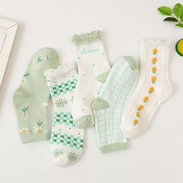 Women Socks Spring And Summer Women's Cotton Printed Mid-tube Japanese Flower Fresh Green Lace Mid Tube For