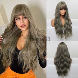 Synthetic Wigs Long Water Wave Synthetic Wigs With Bangs Olive Grey Wigs Natural Heat Resistant Hair Wig for Fashion Women Girls Party Cosplay x0715