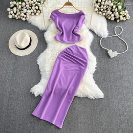 Work Dresses Sexy Two Pieces Sets Chic Sweet Pleated Asymmetric O-neck Top With High Waist Wrap Skirt Beach Vacation