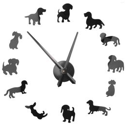 Wall Clocks Diy Dachshund Art Wiener-Dog Puppy Dog Pet Frameless Giant Clock With Mirror Effect Sausage Watch Black