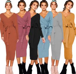 2023 Autumn/Winter Sexy V-neck Lace up Long Sleeve Women's Casual Dresses