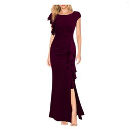 Casual Dresses Elegant Dress Women Fashion Round Neck Ruffle Pleated Long Solid Colour High Waist Split Evening For 2023