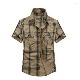 Men's Casual Shirts Fashion Summer Shirt Short Sleeve Plaid Men Cotton Military Clothing Cardigan Plus Size M-5XL