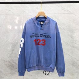 Men's Hoodies Tie Dye Washed RRR123 Sweatshirts Hip Hop Men Woman RRR 123 Patchwork Crewneck Hooded Blue