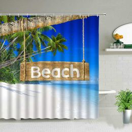Shower Curtains Landscape Shower Curtains Sea Tree Beach Ocean Green Leaves Scenery Printed Bath Screen Bathroom Curtain Set With