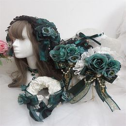 Party Masks Girl Design Lolita Lace Hairpins Dark Green Flower Pearl Cross Gothic Women Costume Necklace Headband Cosplay Headpiec284V