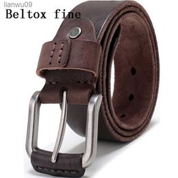 Men's Classic Cow Leather Belt Full Grain 38cm Wide Designer Sturdy Jean Hand Stitching Girdle Black and Coffee L230704