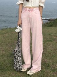 Women's Jeans Pink Korean Style Sweet Pants Women High Waist Y2k Japanese Wide-legged Female Button Casual Elegant Summer 2023