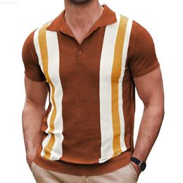 Men's T-Shirts Summer Men's Striped Knit Polo Shirt Short Sleeve Lapel Buttons Knitwear Tee Tops Fashion Business Casual Male Shirts Clothing L230715