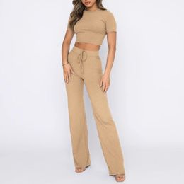 Women s Two Piece Pant Casual Shirt Set Solid Color Ladies Cropped Tank Tops High Waist Short Sleeve Navel Exposed Vacation Outfit 230715