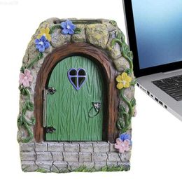 Garden Decorations Fairy Garden Gate Mini Fairy Gate 3D Stone Tale Door Ornament Garden Solar Lights Resin Miniature Fairy Door For Home Decor L230714