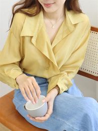 Women's Blouses Summer Minimalist Long Sleeve Blouse Women Button Up Tender Elegant Shirt Solid Lyocell Plus Size Shirts Loose Clothes Chic