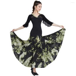 Stage Wear Waltz Ballroom Competition Dress Standard Dance Performance Costume Outfit Women Printing Evening Gowns Mesh Short Sleeve