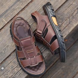 Sandals Summer Men Brown Lightweight Outdoor Beach Casual Shoes Genuine Leather Roman Walking Footwear Soft Slippers Sandalias