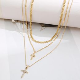 Choker Simple Gold Colour Multilayer Cross Pendant Necklace For Women Metal Jewellery Clavicle Chain Collier Femme