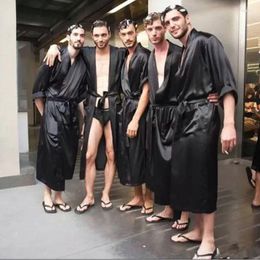 Men's Sleepwear Solid Black XXL Roomsman Robe Men Silk Satin Summer Casual V-Neck Kimono Yukata Batrobe Own