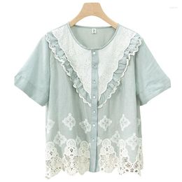 Women's Blouses Summer Mroi Girl Sweet Short-sleeved Linen Shirt Vintage Loose Hollow Out Embroidered Lace Women Tops Ladies Casual Blouse