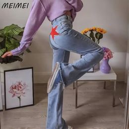 Women s Jeans Retro Red Star Pattern Blue Straight Leg Women Slim Fit High Waisted Casual 90s Streetwear Vintage Denim Pant 230715