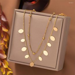 Chains 316L Stainless Steel 2 Layer Retro Simplicity Smooth Surface Oval Pendant Charm Clavicle Chain Ladies Necklace Fashion Jewellery