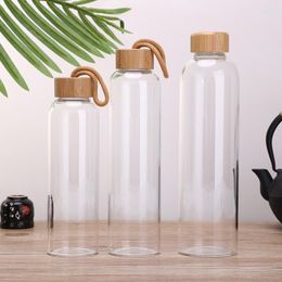 Water Bottles Glass Bottle With Bamboo Lid Soda Lime Reusable Drinking Sauce Jar Juice Beverage Container