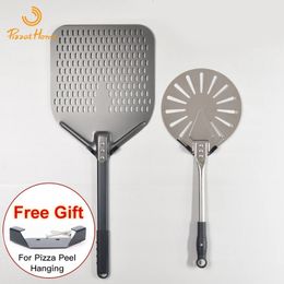 Baking Moulds 12" Hard Anodized Perforated Pizza Peel Rectangle Turning Shovel Set Aluminum Paddle 40cm Long Silicone Handle 230714