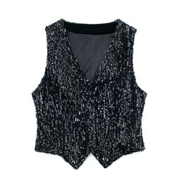 T-Shirt Black Women's Vest Sequins Formal Prom Party Covered Button Waistcoat New Fashion Solid Colour Lady Wear Vest Customise