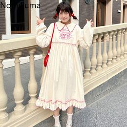 Casual Dresses Nomikuma For Women 2023 Cartoon Embroidery Ruffles Patchwork Loose Vestido Feminino Japanese Cute Long Sleeve