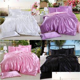 Bedding Sets Good Quality Satin Silk Flat Solid Colour Queen King Size 4Pcs Duvet Er Sheet Pillowcase Twin Size1 737 R2 Drop Delivery Dhw9C
