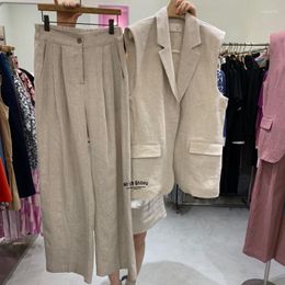 Women's Two Piece Pants Outfit 2023 Summer Sleeveless Blazer Korean Loose Casual Versatile Fashion Cotton Linen Set Women Vest Suit C004