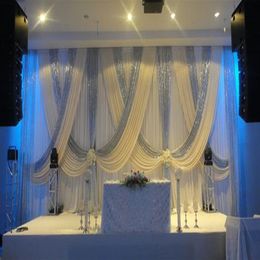 10ft x 20ft White Wedding Backdrop with shiny silver Swags Wedding drapes Stage decoration235a