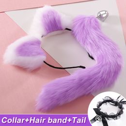 Adult Toys Cute Ears Headbands Tail Sexy Bell Necklace 3in1 Metal Butt Anal Plug Erotic Cosplay Accessories Sex for Couples 230714