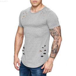 Men's T-Shirts Summer Men Cotton Ripped T-Shirt Fashion Solid Colour Slim Fit O-Neck Short Sleeve Tshirts Tops Sports Fitness Club Pullover Tees L230715