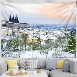 Tapestries Dome Cameras Christmas Oil Painting Tapestry Forest Snow View Cabin Wall Hanging Cute Snowman Home Decor