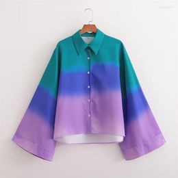 Women's Blouses Woman Casual Purple Print Long Sleeve Shirt 2023 Spring Female Vintage Flare Single Breasted Shirts Chic Patchwork