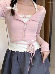 Women's T Shirts Sweet 2 Piece Set Woman Pink Long Sleeve Fashion Tops Basic Casual Korean Style Blouse Design Kawaii Clothing 2023 Summer