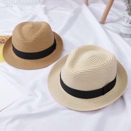 Berets Parent-Child Jazz Straw Hat Tide British Top Summer Men's Breathable Panama Child Sun Anti-UV Boys Girls Beach