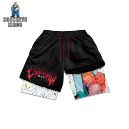 Men's Shorts Anime Gym Chainsaw Man Workout 2 In 1 Quick Dry Performance Sports Men Summer Fitness Running Short Pants Pocket 230715