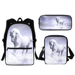 School Bags White Wild Horse Pattern 3D Printing Bag 3PC Boys Girls Backpack Lunch Messenger Pencil Case Primary Students