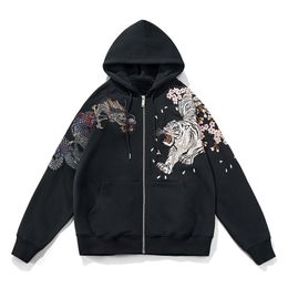 Hip Hop Men Hooded Sweatshirt Japanese Style Embroidered Zipper Hoodie Vintage Dragon Phoenix Print Autumn Pullover