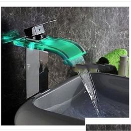 Bathroom Sink Faucets Square High Waterfall Water Tap Blue Platform Led Faucet Basin No Battery Single Handle Glass Spout 155My Bb D Dhbw4