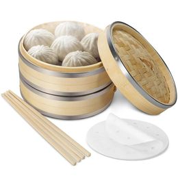 Double Boilers 8inch Bamboo Steamer Basket Set With Stainless Steel Banding 50 Liners And 2 Pairs Of Chopsticks Chinese 230714