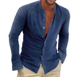 Men's Casual Shirts One Romper Fibre Blended Standing Collar Solid Colour Long Sleeved Loose Cardigan Shirt Cotton Sleeve