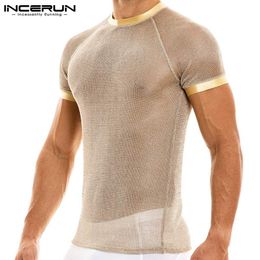 INCERUN 2023 New Mens Sexy Leisure Short Male Hot Sale Lit Metal Mesh Perspective Casual Round Neck Short Sleeve T-Shirt S-5XL 7