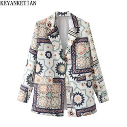 Women s Suits Blazers KEYANKETIAN women s spring Colour patchwork geometric graphic print one button high waisted vintage suit jacket 230715