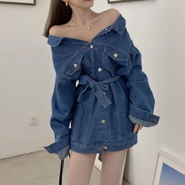 Casual Dresses Vintage Blue Irregular Denim Dress With Belt Off Shoulder Street Blast Coat Women's Spring Coats And Can Be Two Worn