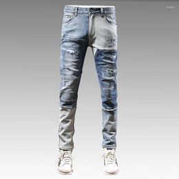 Men's Jeans Street Fashion Men Retro Blue Elastic Stretch Skinny Fit Spliced Ripped Patched Designer Hip Hop Pants Hombre