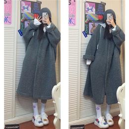 Women's Fur Plus Size Gray Lambswool Hooded Coat Women Faux Long Warm Winter Fuzzy Overcoat Oversized Casual Lazy Coats