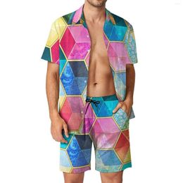 Men's Tracksuits Geo Print Men Sets Honeycomb Cubes Casual Shorts Summer Vintage Fitness Outdoor Shirt Set Short-Sleeved Design Big Size
