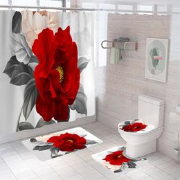 Elegant Flowers Pattern Shower Curtain Toilet Cover Mat Non-Slip Rug Sets Waterproof Polyester Cloth Bath Curtains with 12 Hooks f2347